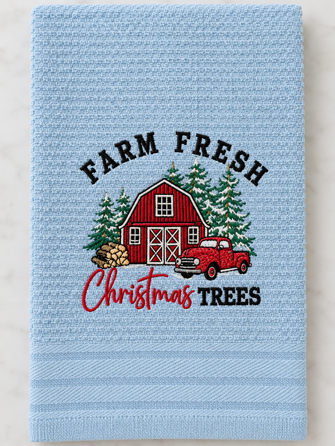 Farm Fresh Christmas Tress Embroidered Kitchen Towel