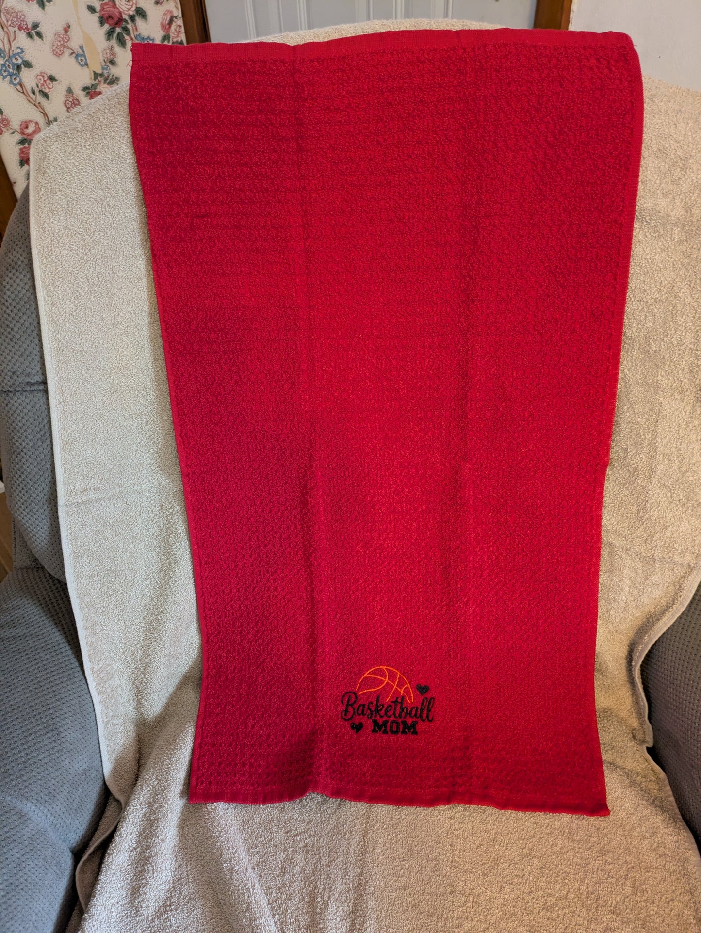 Red Basketball Mom Embroidered Kitchen Towels