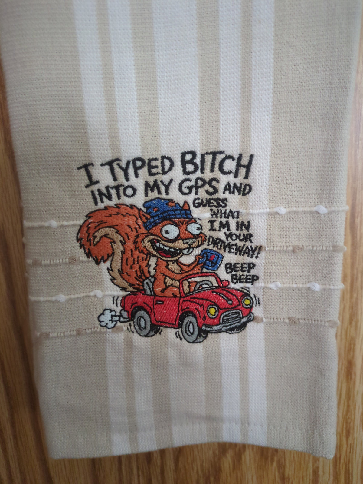 I TYPED BITCH INTO MY GPS AND GUESS WHAT I'M IN YOUR DRIVEWAY SQUIRREL EMBROIDERED KITCHEN TOWEL