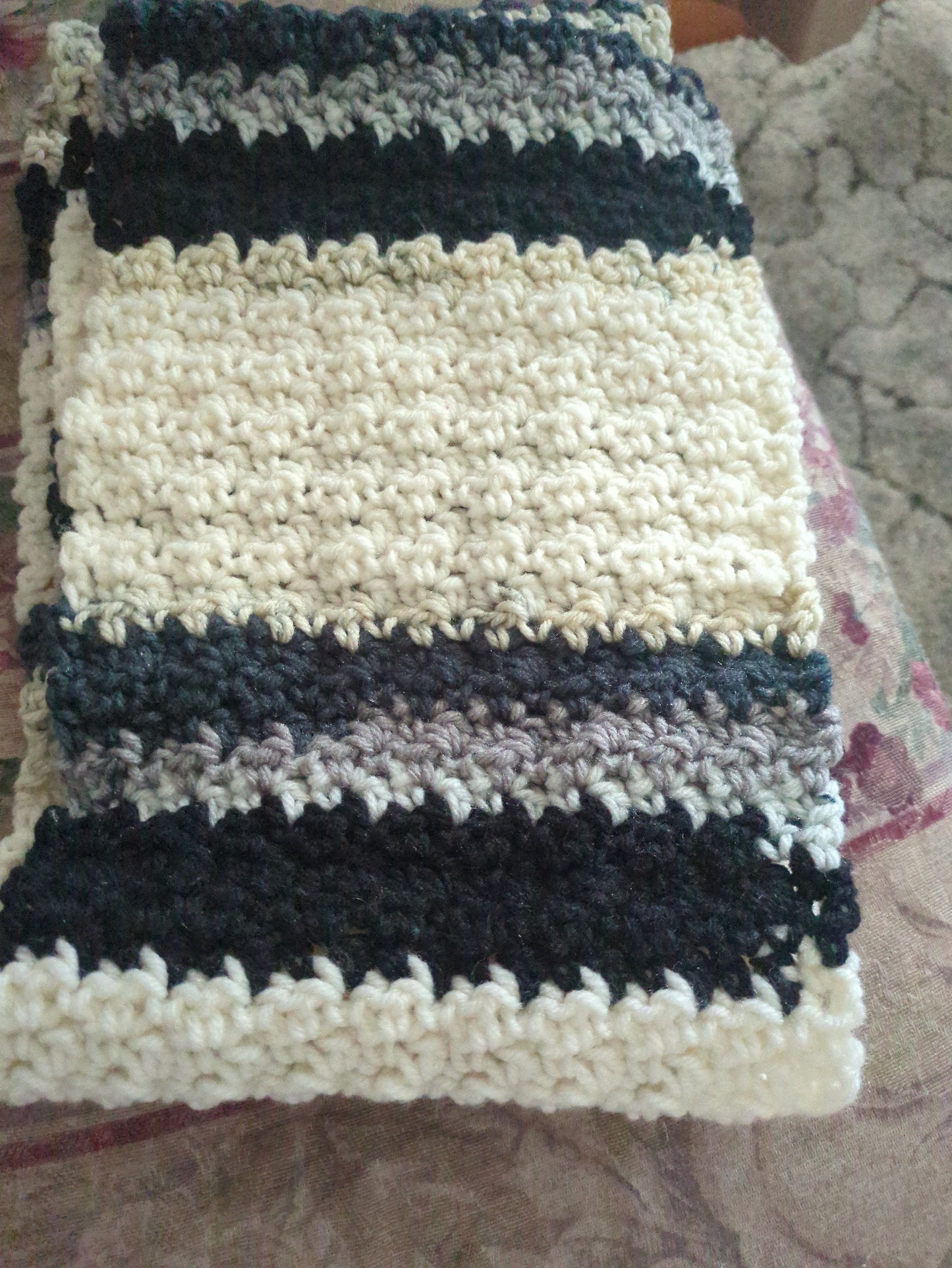 Cream, Grays and Black Crocheted Scarf