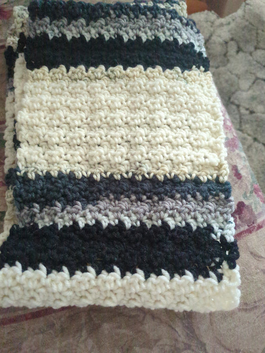 Cream, Grays and Black Crocheted Scarf