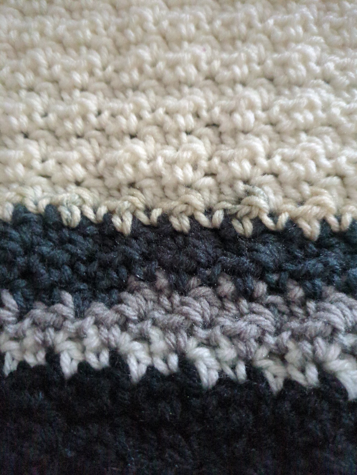 Cream, Grays and Black Crocheted Scarf